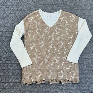 Chicos Sweater Knit Lace Overlay V Neck Long Sleeve Women Size‎ 1 Beige White